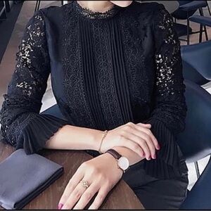 ERDEM Black Lace & Silk Blouse w Long Sleeve Ruffle Cuffs Pleated Front